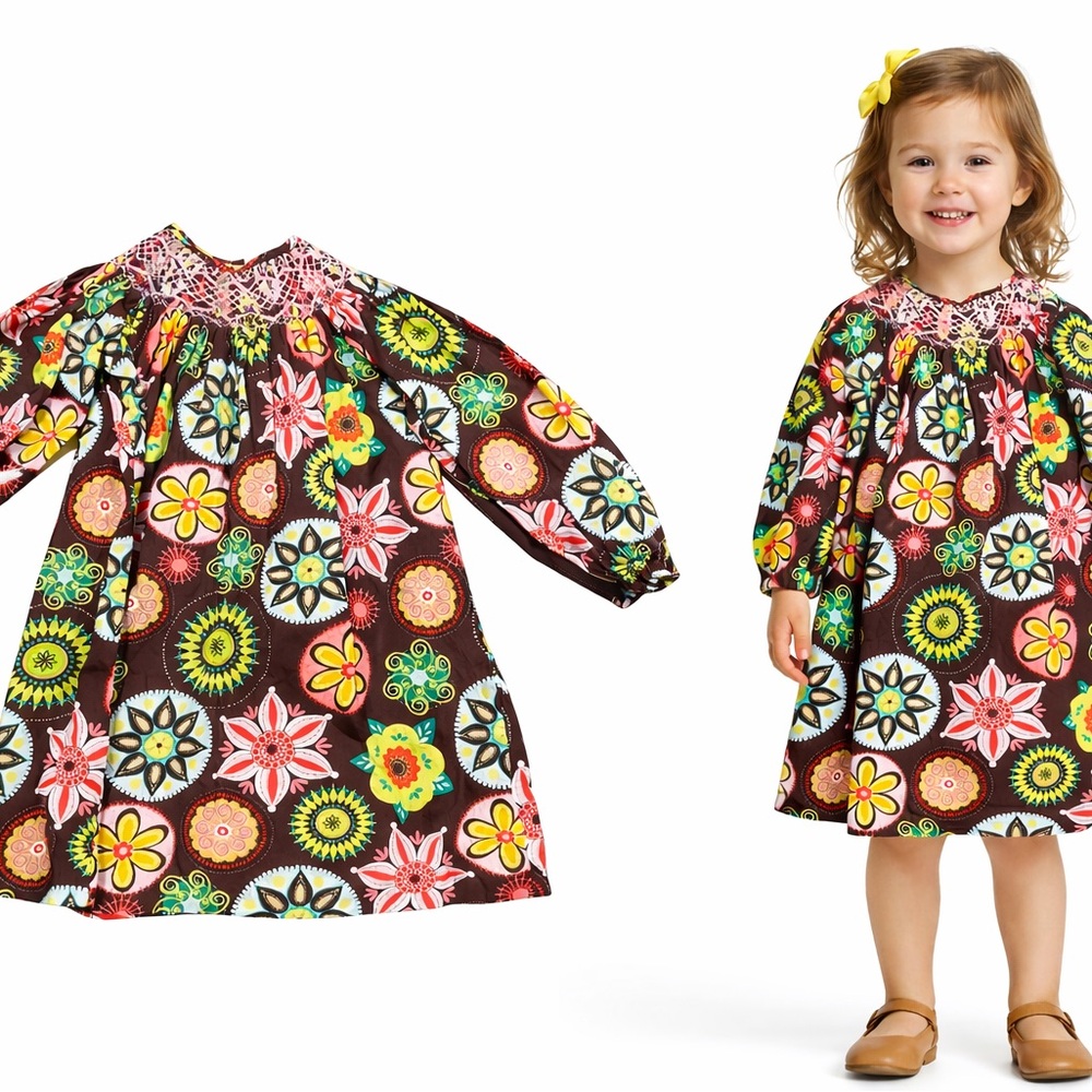 🩷5/$25 Girls 3T Boho Floral Smocked Long Sleeve Dress Colorful Boutique style